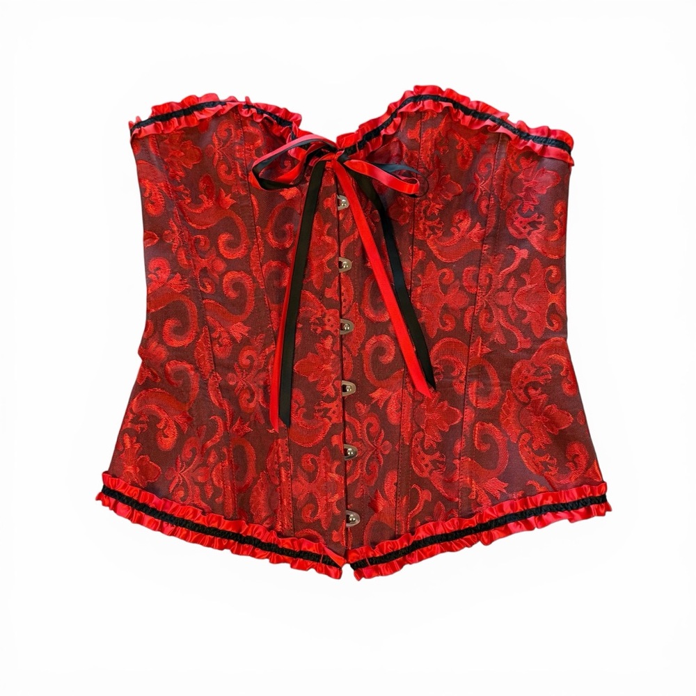 Red Brocade Strapless Corset Bustier with Ribbon Trim - Picture 2 of 11